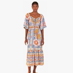 Farm Rio Brazil Off Shoulder Floral Maxi Dress Blue Orange Boho Resort